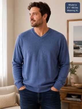BRITCHES Merino Wool V-Neck Sweater XL Dusty Blue Lightweight Knit